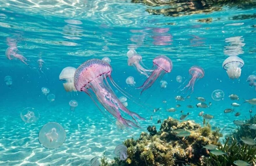 Diverse meduse che nuotano sotto la superficie dell'acqua cristallina di un mare trasparente