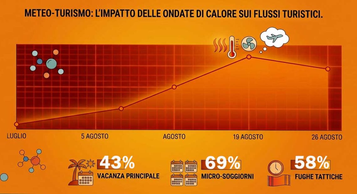 Grafico statistico sull'impatto del meteo-turismo e delle ondate di calore sui flussi turistici dell'estate 2026.