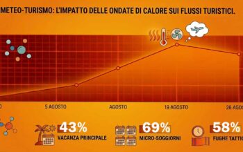 Grafico statistico sull'impatto del meteo-turismo e delle ondate di calore sui flussi turistici dell'estate 2026.