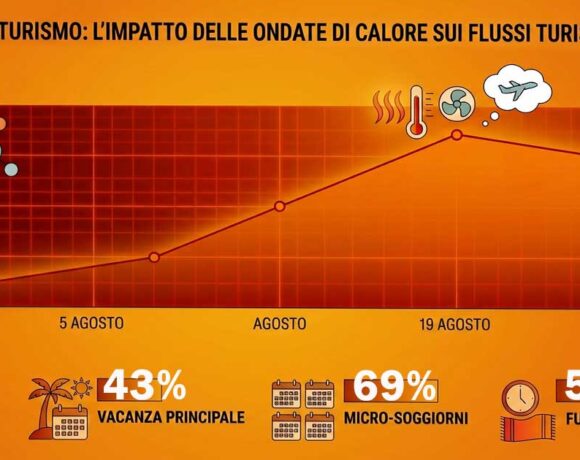 Grafico statistico sull'impatto del meteo-turismo e delle ondate di calore sui flussi turistici dell'estate 2026.
