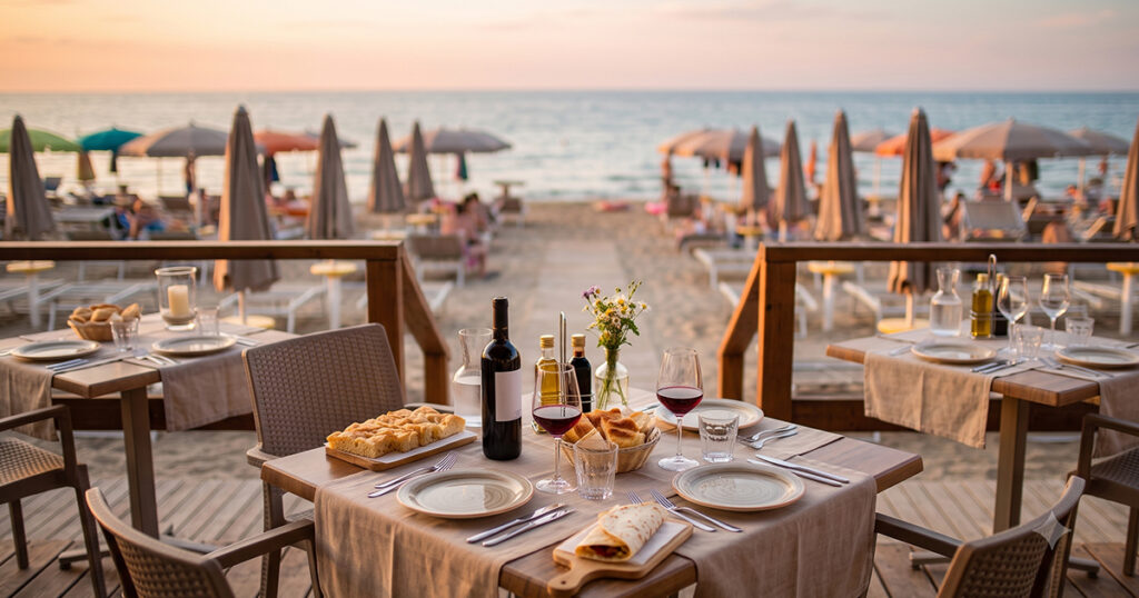 Tavoli apparecchiati per il pranzo e la cena sulla terrazza di uno stabilimento balneare con vista sulla spiaggia.