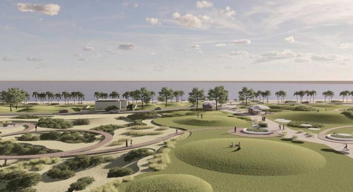 Rendering del progetto Parco del Mare a Ostia con aree verdi, dune e percorsi pedonali lungo il litorale.