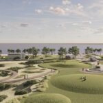 Rendering del progetto Parco del Mare a Ostia con aree verdi, dune e percorsi pedonali lungo il litorale.