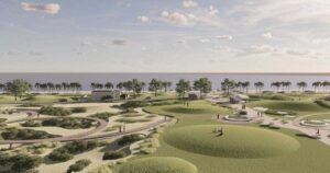 Rendering del progetto Parco del Mare a Ostia con aree verdi, dune e percorsi pedonali lungo il litorale.