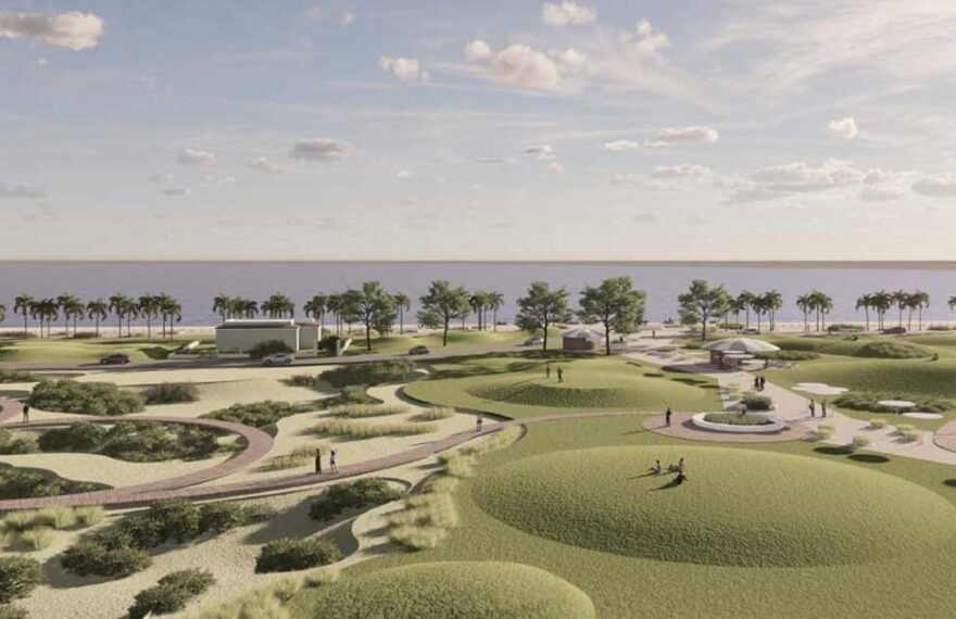Rendering del progetto Parco del Mare a Ostia con aree verdi, dune e percorsi pedonali lungo il litorale.