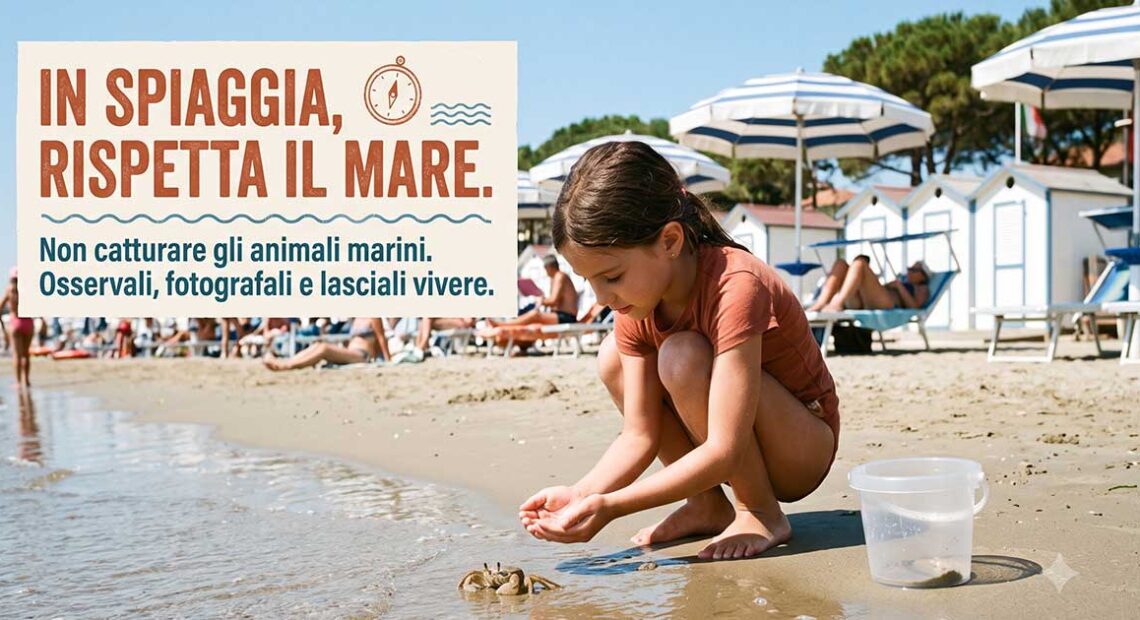 Grafica informativa sul rispetto della fauna marina in spiaggia (immagine generata con intelligenza artificiale).