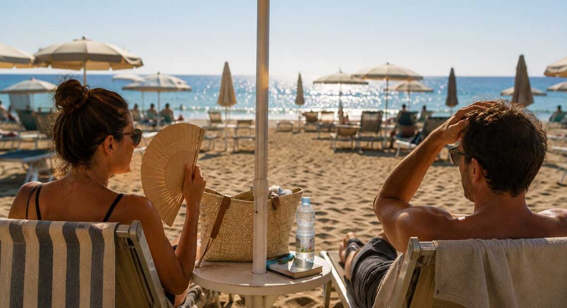Vista posteriore di una coppia seduta su lettini sotto un ombrellone beige su una spiaggia affollata in una giornata soleggiata. La donna usa un ventaglio.