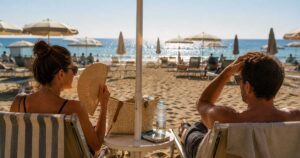 Vista posteriore di una coppia seduta su lettini sotto un ombrellone beige su una spiaggia affollata in una giornata soleggiata. La donna usa un ventaglio.