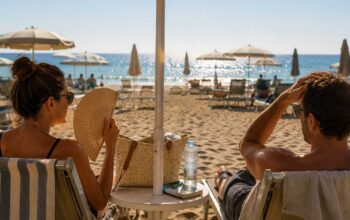 Vista posteriore di una coppia seduta su lettini sotto un ombrellone beige su una spiaggia affollata in una giornata soleggiata. La donna usa un ventaglio.