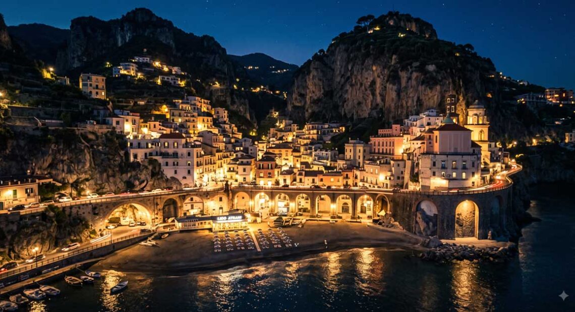 Vista panoramica notturna del borgo e della spiaggia di Atrani illuminata in Costiera Amalfitana.