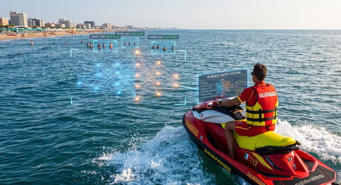 Un bagnino in divisa rossa su una moto d'acqua diretta verso il largo, con elementi grafici digitali di intelligenza artificiale (immagine generata con IA)