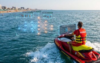 Un bagnino in divisa rossa su una moto d'acqua diretta verso il largo, con elementi grafici digitali di intelligenza artificiale (immagine generata con IA)