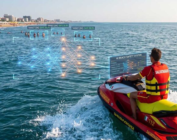 Un bagnino in divisa rossa su una moto d'acqua diretta verso il largo, con elementi grafici digitali di intelligenza artificiale (immagine generata con IA)