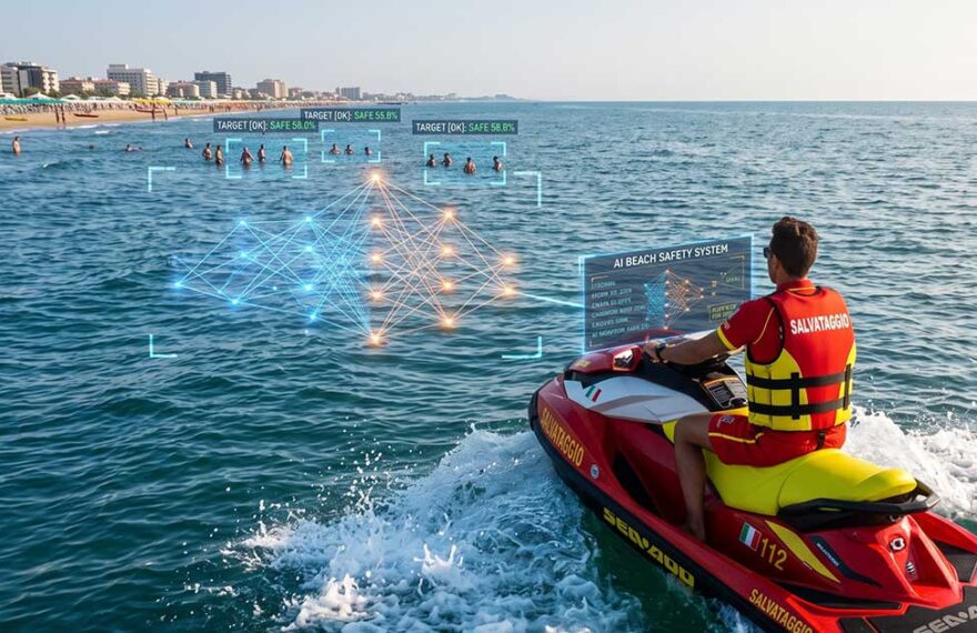 Un bagnino in divisa rossa su una moto d'acqua diretta verso il largo, con elementi grafici digitali di intelligenza artificiale (immagine generata con IA)