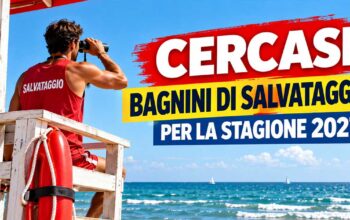 Grafica con bagnino sulla torretta di avvistamento col binocolo e scritta cercasi bagnini di salvataggio per la stagione 2027.
