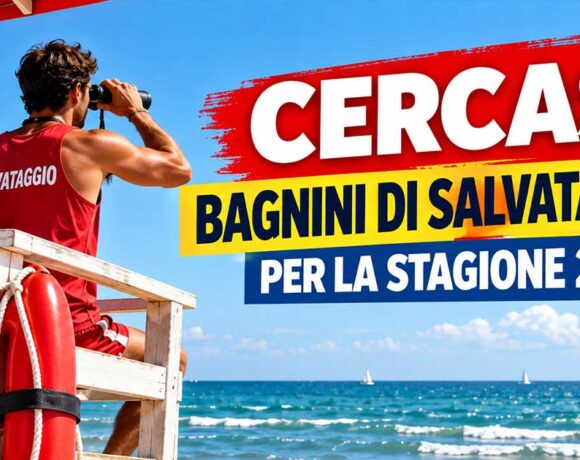 Grafica con bagnino sulla torretta di avvistamento col binocolo e scritta cercasi bagnini di salvataggio per la stagione 2027.