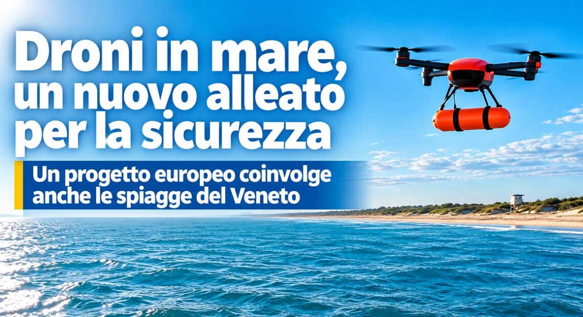 Drone attrezzato con galleggiante arancione per il salvataggio in mare durante una perlustrazione sulla spiaggia.