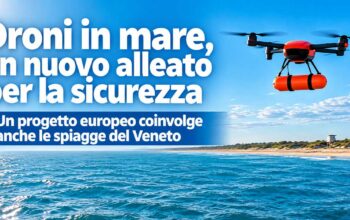 Drone attrezzato con galleggiante arancione per il salvataggio in mare durante una perlustrazione sulla spiaggia.