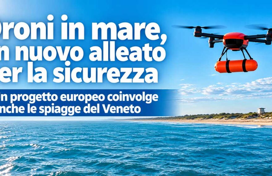 Drone attrezzato con galleggiante arancione per il salvataggio in mare durante una perlustrazione sulla spiaggia.