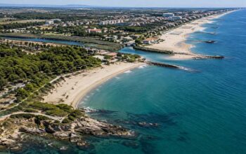 Vista aerea della costa con spiagge, pineta, scogliera e foce di un fiume per la verifica della scarsità delle risorse