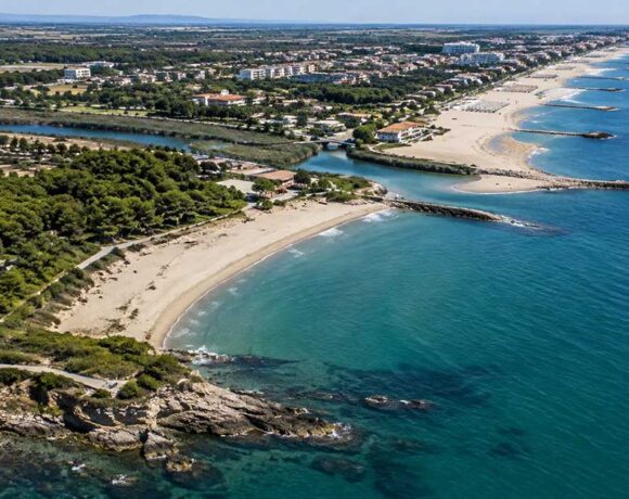 Vista aerea della costa con spiagge, pineta, scogliera e foce di un fiume per la verifica della scarsità delle risorse