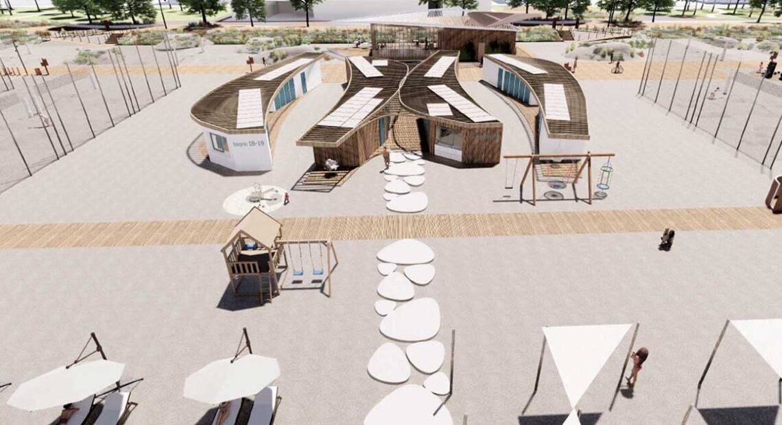 Rendering di un nuovo stabilimento balneare aggregato per il Piano dell'Arenile di Rimini.