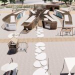Rendering di un nuovo stabilimento balneare aggregato per il Piano dell'Arenile di Rimini.