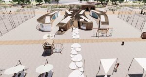 Rendering di un nuovo stabilimento balneare aggregato per il Piano dell'Arenile di Rimini.