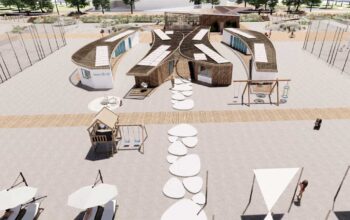 Rendering di un nuovo stabilimento balneare aggregato per il Piano dell'Arenile di Rimini.