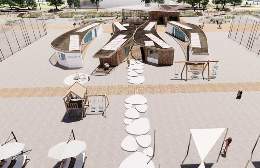 Rendering di un nuovo stabilimento balneare aggregato per il Piano dell'Arenile di Rimini.