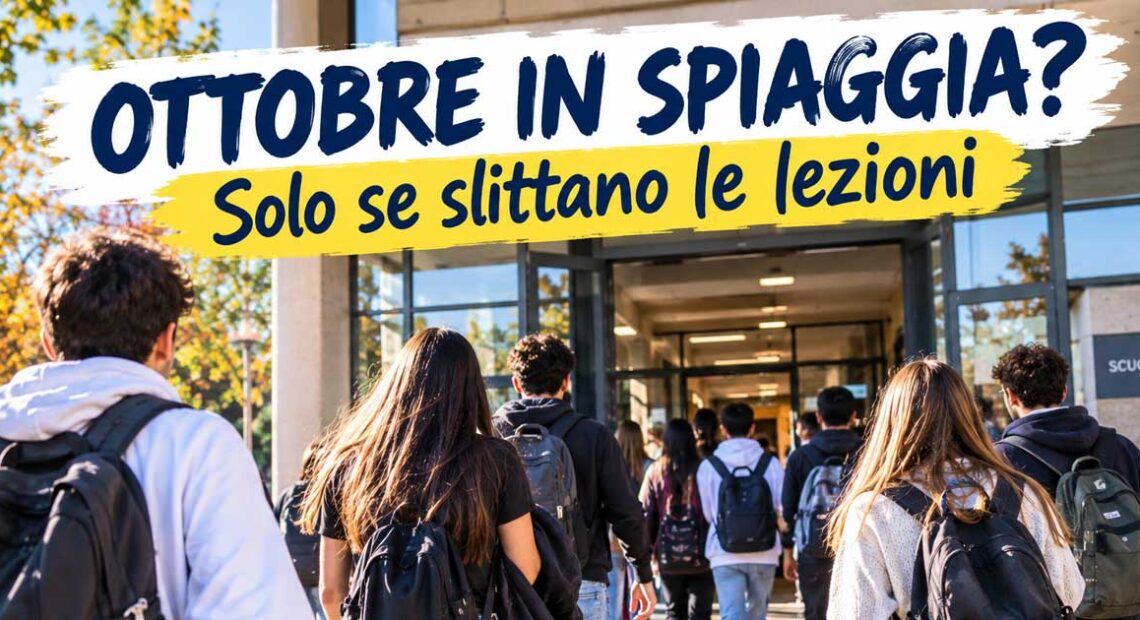 Studenti con zaini presi da dietro verso l'ingresso a scuola con la scritta Ottobre in spiaggia