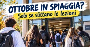 Studenti con zaini presi da dietro verso l'ingresso a scuola con la scritta Ottobre in spiaggia