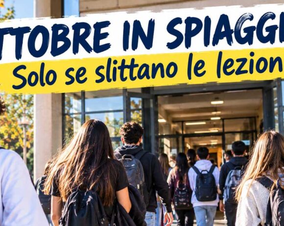 Studenti con zaini presi da dietro verso l'ingresso a scuola con la scritta Ottobre in spiaggia