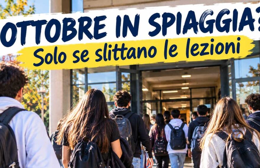 Studenti con zaini presi da dietro verso l'ingresso a scuola con la scritta Ottobre in spiaggia
