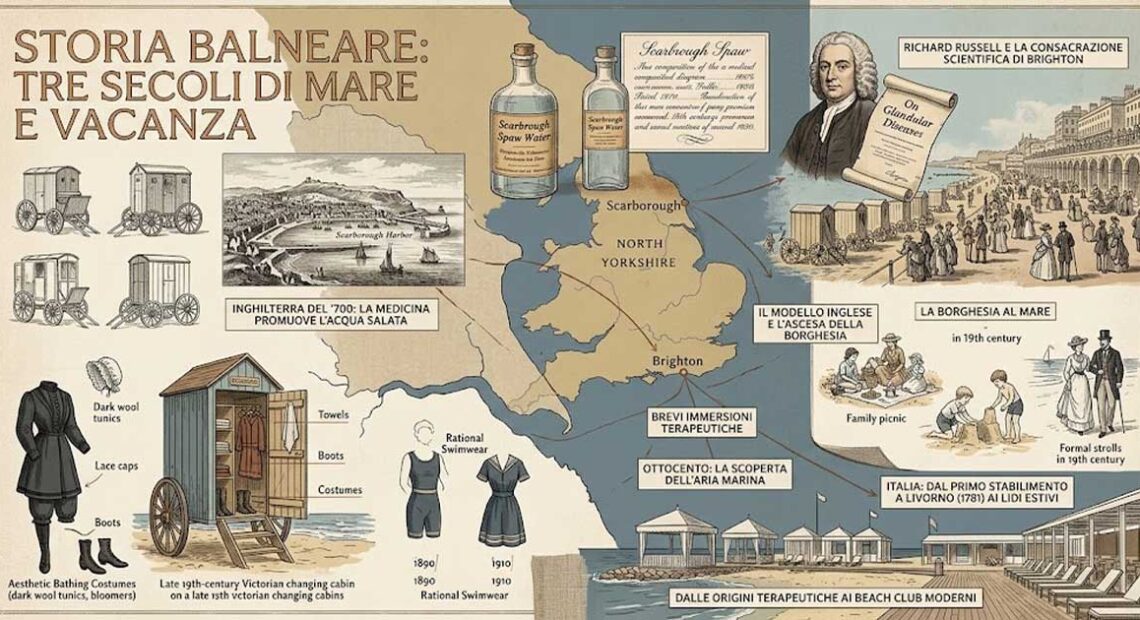 Infografica illustrata sulla storia del turismo balneare e l'evoluzione dei bagni di mare