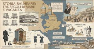Infografica illustrata sulla storia del turismo balneare e l'evoluzione dei bagni di mare