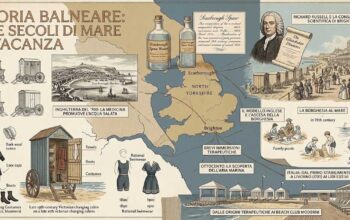 Infografica illustrata sulla storia del turismo balneare e l'evoluzione dei bagni di mare