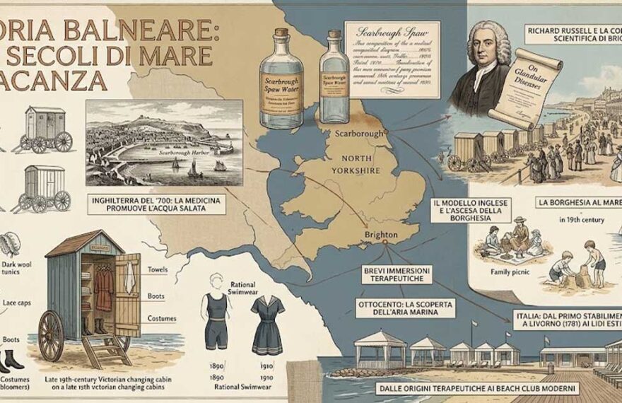 Infografica illustrata sulla storia del turismo balneare e l'evoluzione dei bagni di mare