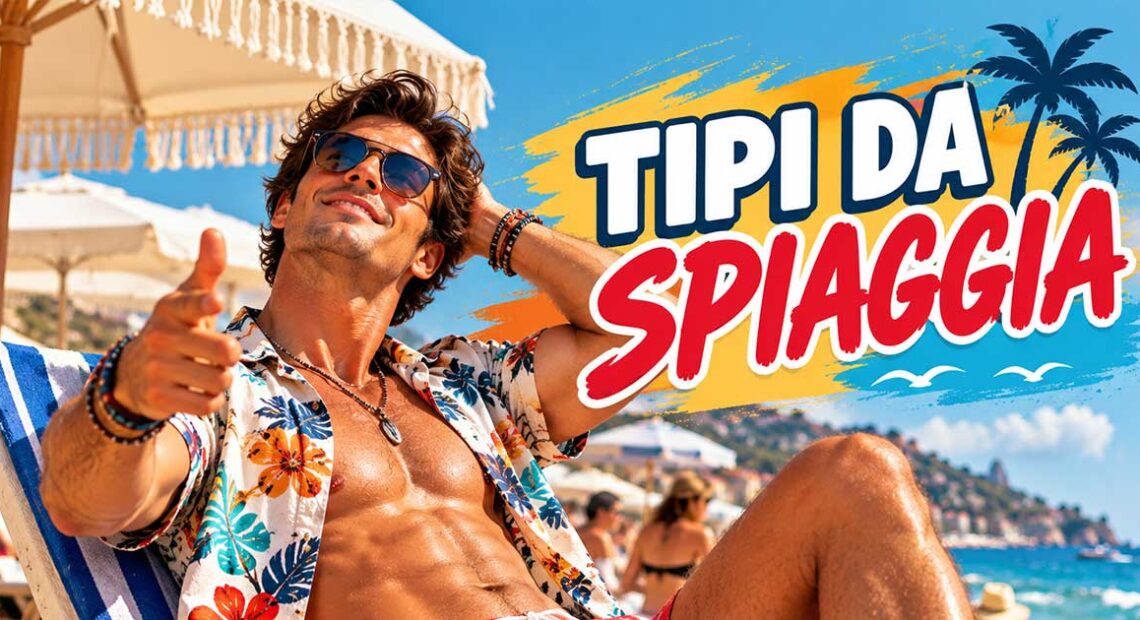 Uomo in camicia floreale e occhiali da sole su una sdraio con la scritta tipi da spiaggia