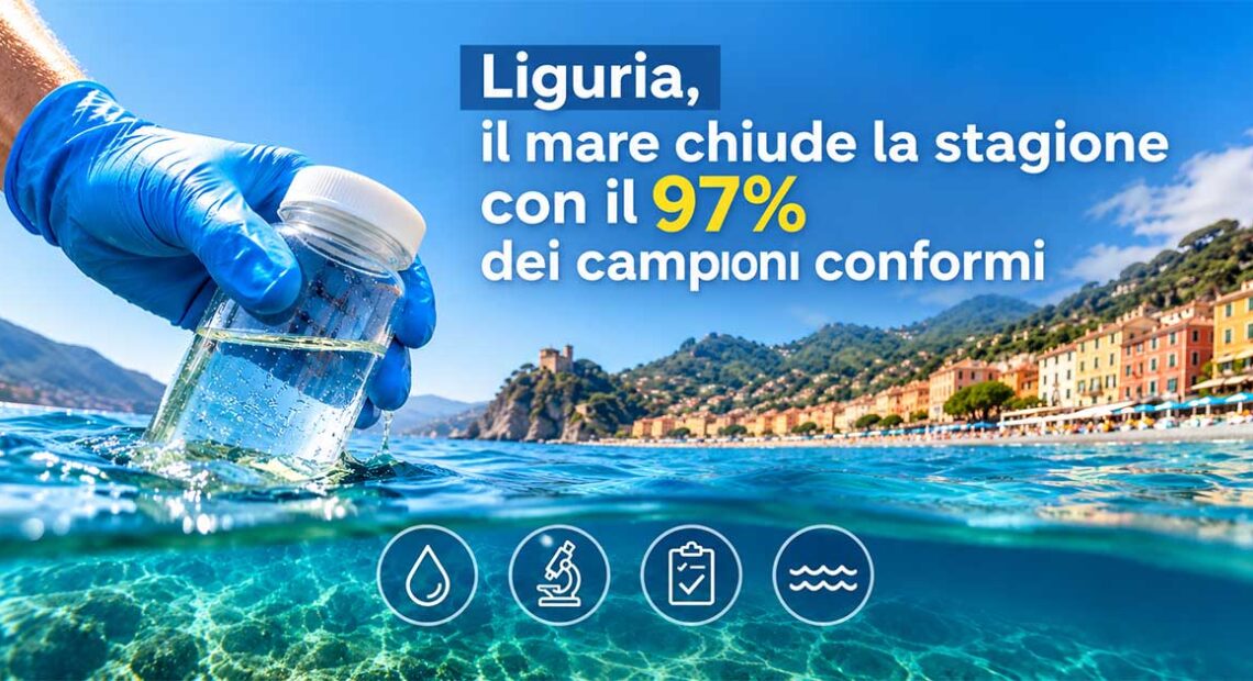 Mano con guanto che preleva un campione d'acqua di mare lungo la costa ligure per i controlli Arpal