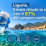 Mano con guanto che preleva un campione d'acqua di mare lungo la costa ligure per i controlli Arpal