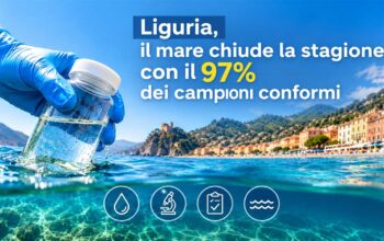 Mano con guanto che preleva un campione d'acqua di mare lungo la costa ligure per i controlli Arpal