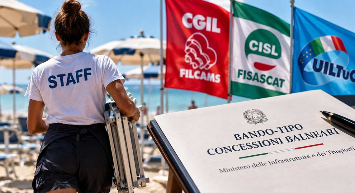 Lavoratrice in spiaggia con le bandiere dei sindacati Filcams, Fisascat e Uiltucs per il bando-tipo balneari