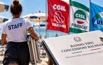 Lavoratrice in spiaggia con le bandiere dei sindacati Filcams, Fisascat e Uiltucs per il bando-tipo balneari