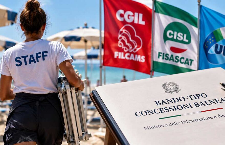 Lavoratrice in spiaggia con le bandiere dei sindacati Filcams, Fisascat e Uiltucs per il bando-tipo balneari
