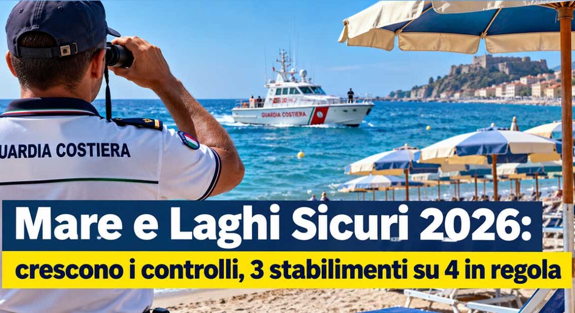 Militare della Guardia Costiera osserva il mare con binocolo e motovedetta in navigazione vicina agli ombrelloni