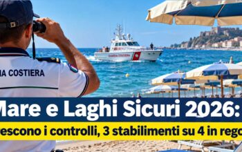 Militare della Guardia Costiera osserva il mare con binocolo e motovedetta in navigazione vicina agli ombrelloni