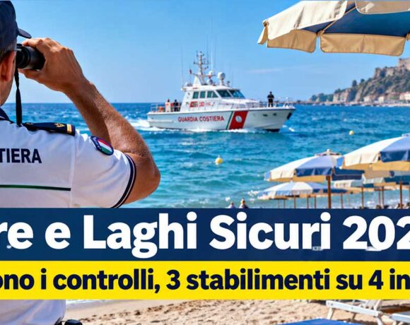 Militare della Guardia Costiera osserva il mare con binocolo e motovedetta in navigazione vicina agli ombrelloni