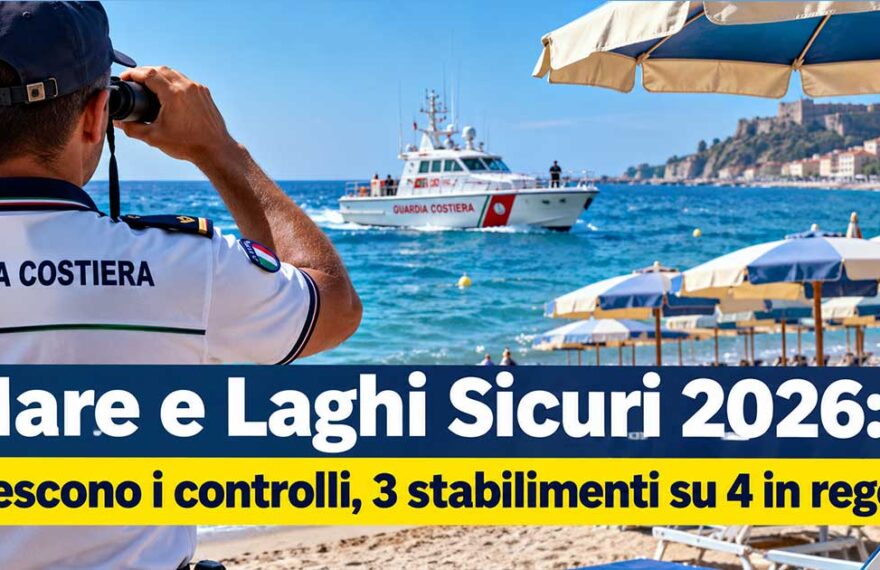 Militare della Guardia Costiera osserva il mare con binocolo e motovedetta in navigazione vicina agli ombrelloni