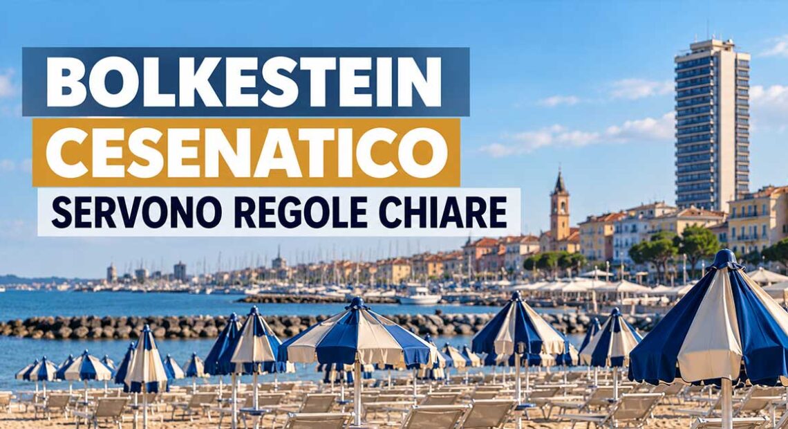 Spiaggia e grattacielo di Cesenatico con scritta Bolkestein servono regole chiare
